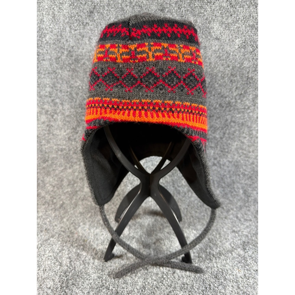Screamer Fair Isle Earflap Beanie Hat Gray Red Orange Fleece Lined Tassels - Picture 5 of 8